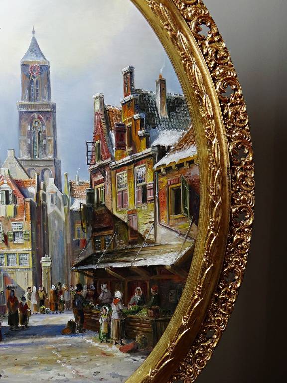 Grand tableau scène urbaine huile sur bois encadré John Haanstra vintage | Puces Privées