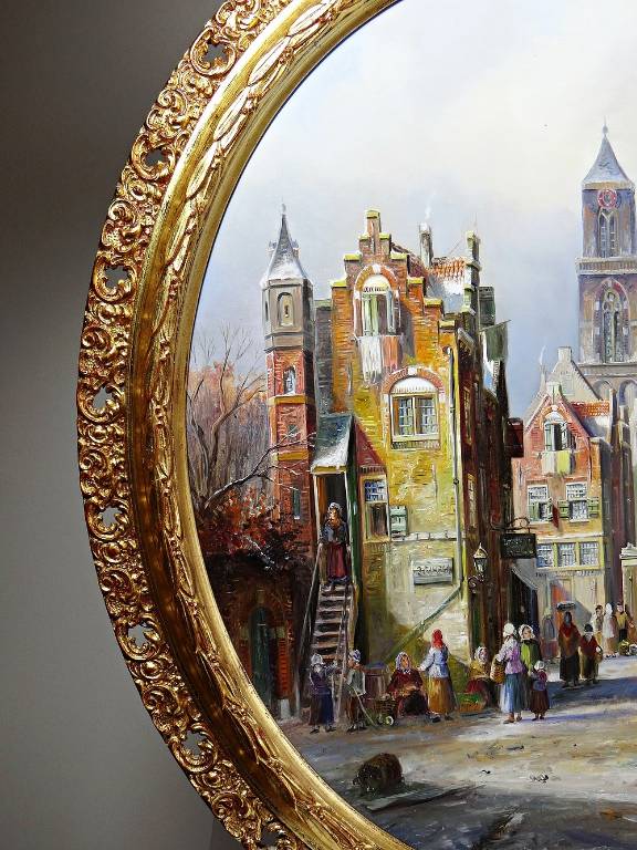 Grand tableau scène urbaine huile sur bois encadré John Haanstra vintage | Puces Privées