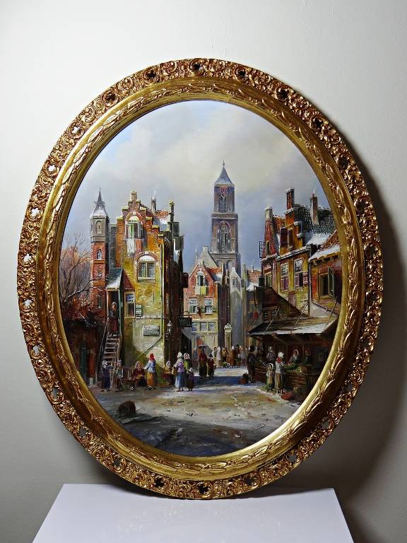 Grand tableau scène urbaine huile sur bois encadré John Haanstra vintage | Puces Privées