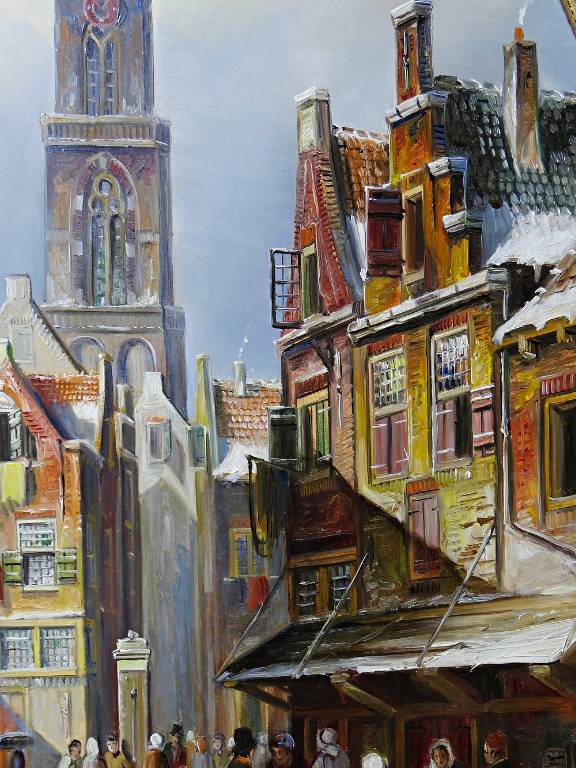 Grand tableau scène urbaine huile sur bois encadré John Haanstra vintage | Puces Privées