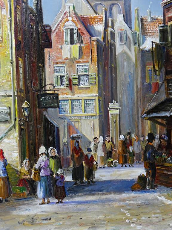 Grand tableau scène urbaine huile sur bois encadré John Haanstra vintage | Puces Privées