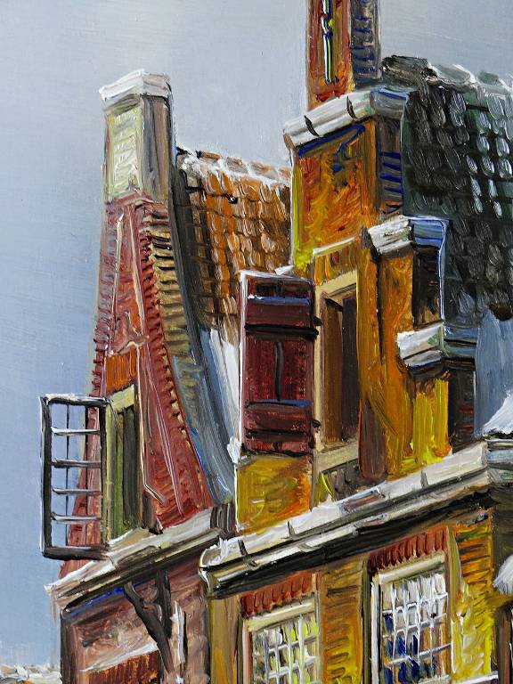 Grand tableau scène urbaine huile sur bois encadré John Haanstra vintage | Puces Privées