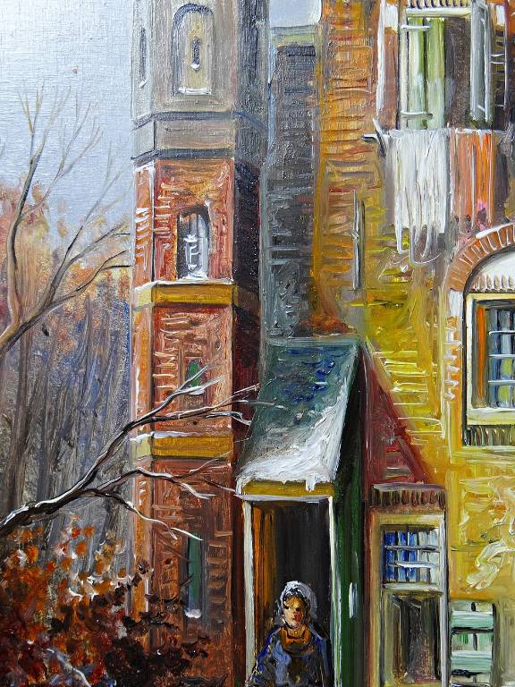 Grand tableau scène urbaine huile sur bois encadré John Haanstra vintage | Puces Privées