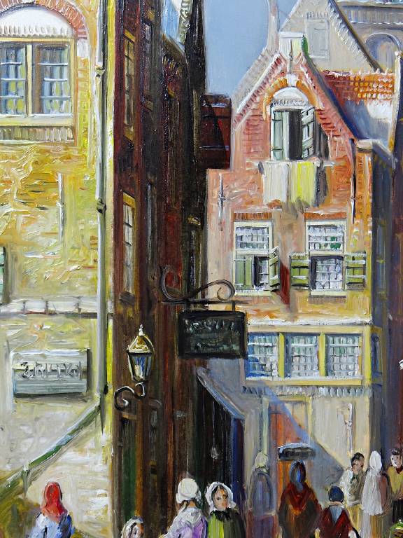 Grand tableau scène urbaine huile sur bois encadré John Haanstra vintage | Puces Privées