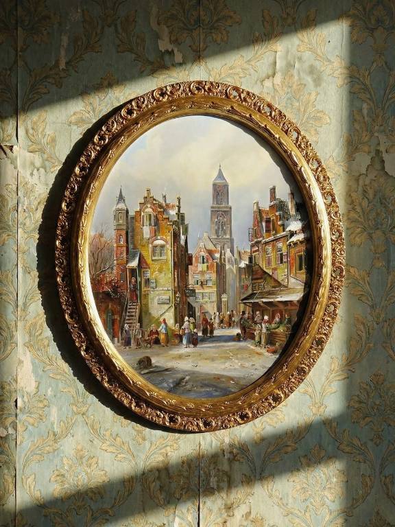 Grand tableau scène urbaine huile sur bois encadré John Haanstra vintage | Puces Privées