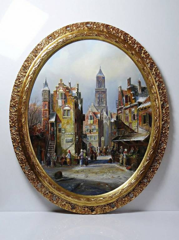 Grand tableau scène urbaine huile sur bois encadré John Haanstra vintage | Puces Privées