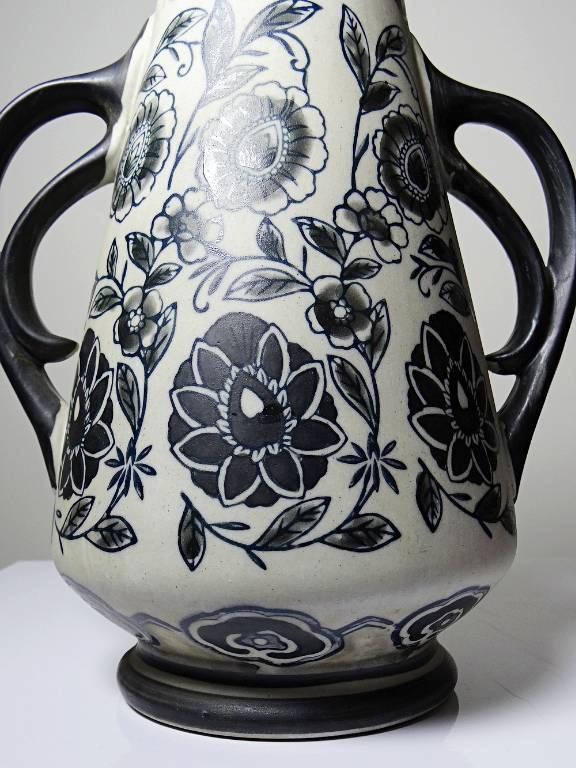 Vase ancien Art Déco 1920-40 en grès fin, style Art Nouveau & chinoiserie, décor | Puces Privées