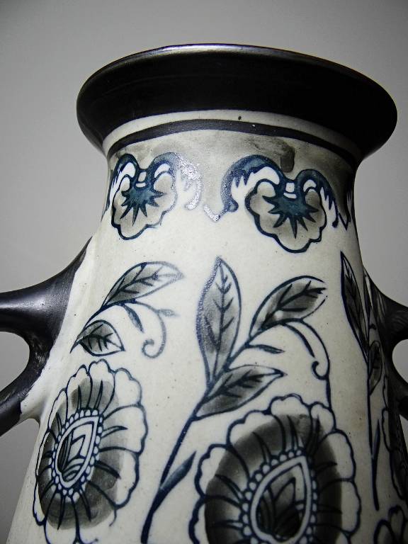 Vase ancien Art Déco 1920-40 en grès fin, style Art Nouveau & chinoiserie, décor | Puces Privées
