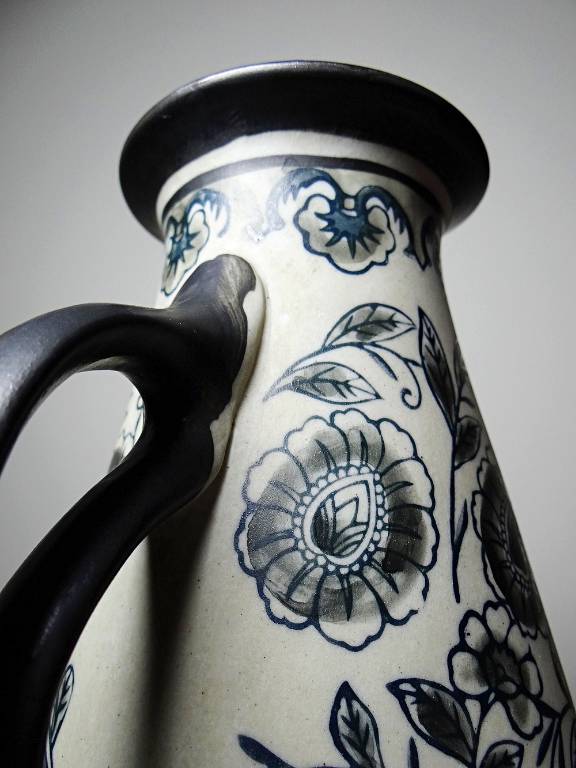 Vase ancien Art Déco 1920-40 en grès fin, style Art Nouveau & chinoiserie, décor | Puces Privées