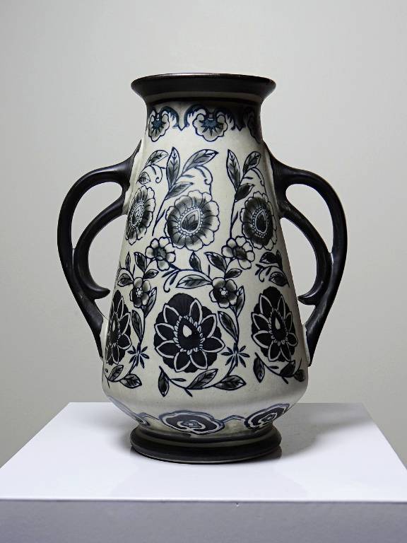 Vase ancien Art Déco 1920-40 en grès fin, style Art Nouveau & chinoiserie, décor | Puces Privées