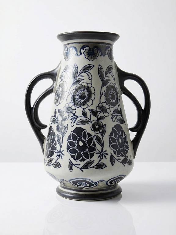 Vase ancien Art Déco 1920-40 en grès fin, style Art Nouveau & chinoiserie, décor | Puces Privées