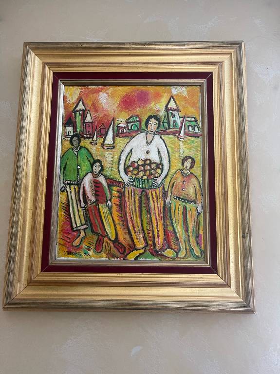 Daniel THERASSE – “Famille devant le port” – Acrylique sur toile signée, encadrée (F6) | Puces Privées