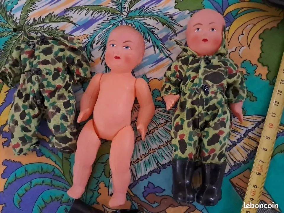 Poupons Militaire ancien Celluloïd PETIT COLIN 14,5 cm de haut lot 6 camouflages | Puces Privées