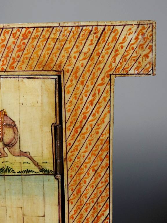 Miroir fenêtre Rajasthan en os peint main décor cavalier ancien début XXe | Puces Privées