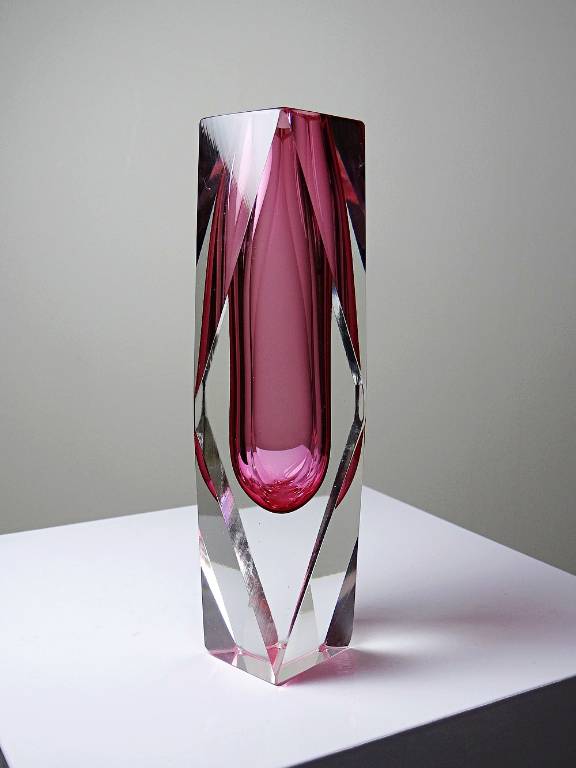 Vase sommerso facetté Murano verre rose et cristal années 50-60 | Puces Privées
