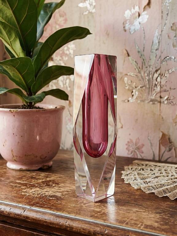 Vase sommerso facetté Murano verre rose et cristal années 50-60 | Puces Privées