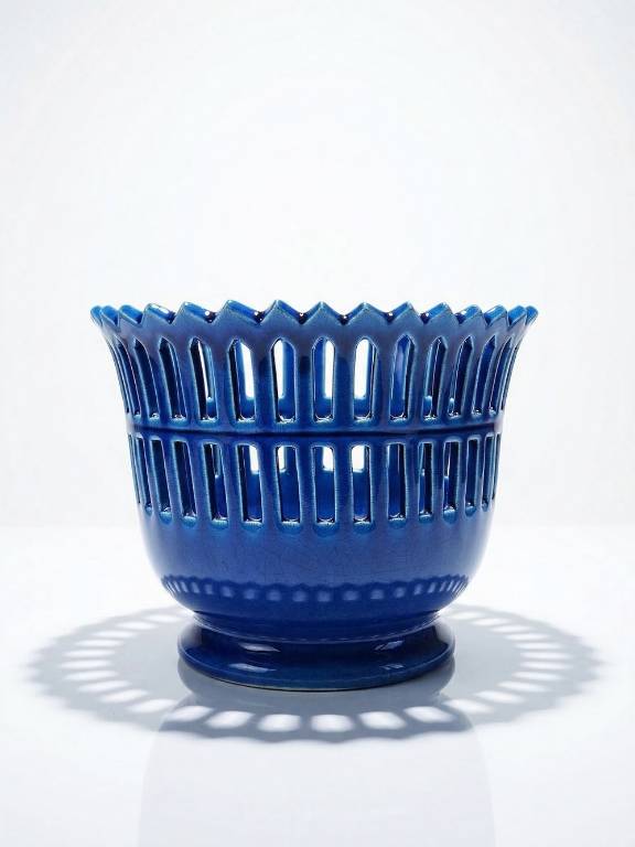 Cache-pot ajouré en faïence de Malicorne Moreau-Bourg-Joly bleu paon | Puces Privées