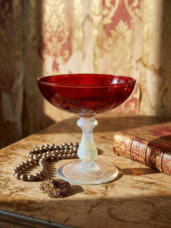 Coupe sur pied verre soufflé Vénitien rouge et opaline bulle de savon vintage | Puces Privées