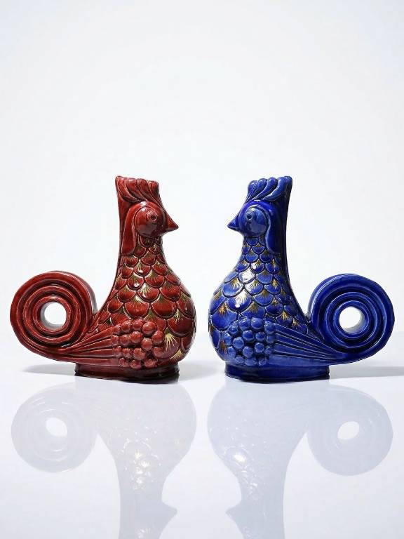 Paire de bougeoirs coqs en céramique émaillée, signés A.G Roger année 1948 | Puces Privées