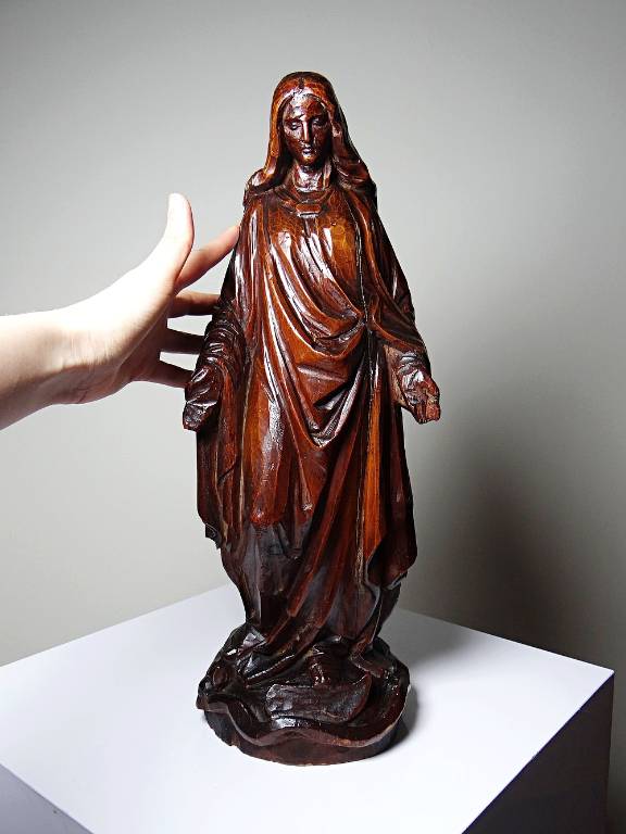 Sculpture religieuse Vierge ancienne en bois sculpté, Immaculée Conception | Puces Privées
