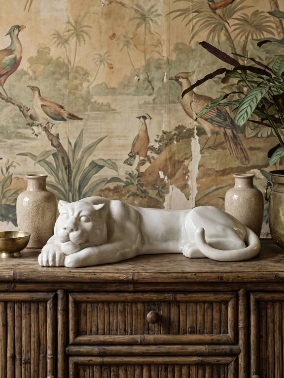 Grande panthère allongée en faïence craquelée, vintage années 1960-1980 | Puces Privées