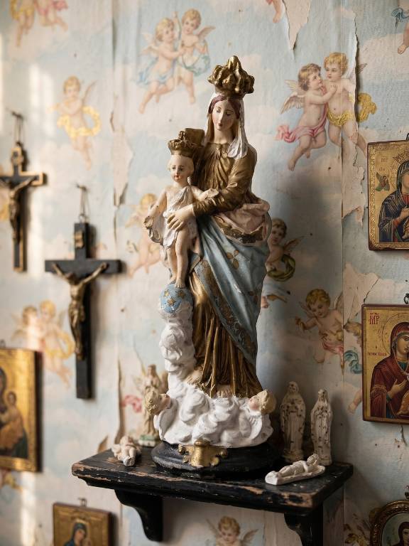 Statue religieuse Notre-Dame des Victoires en plâtre polychrome, début XXe | Puces Privées