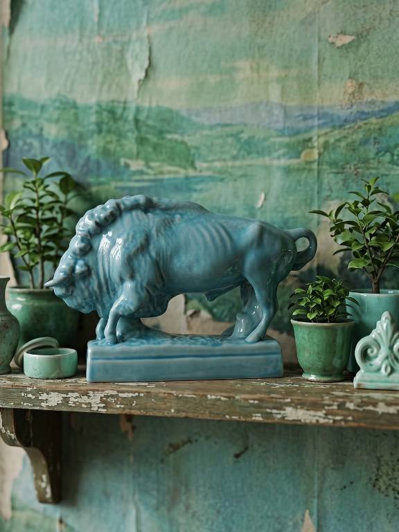 Bison Zsolnay en faïence émaillée turquoise, Hongrie, XXe siècle années 40-50 | Puces Privées