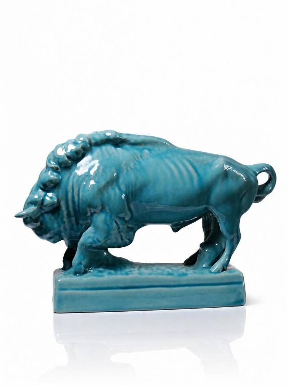Bison Zsolnay en faïence émaillée turquoise, Hongrie, XXe siècle années 40-50 | Puces Privées