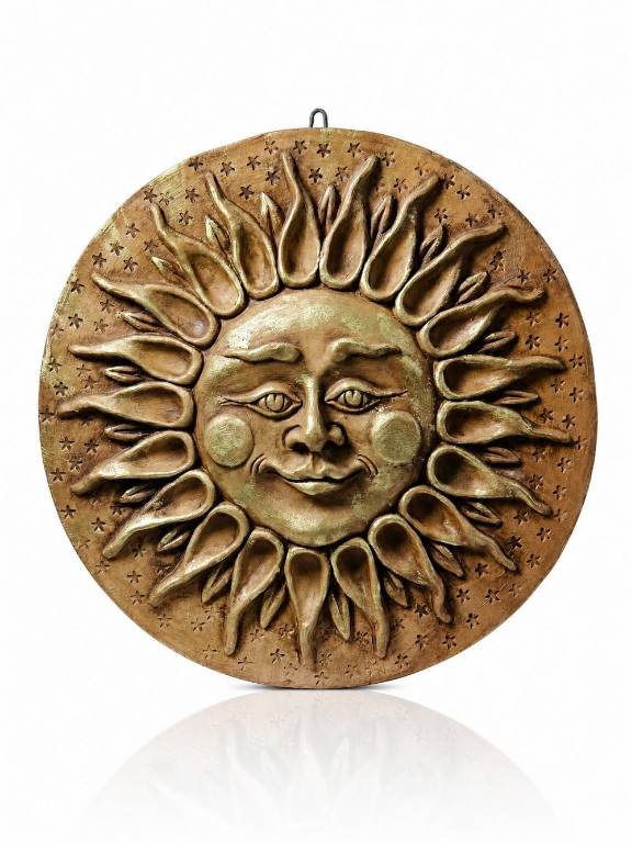 Grand soleil anthropomorphe mural terre cuite patinée, artisanat italien vintage | Puces Privées
