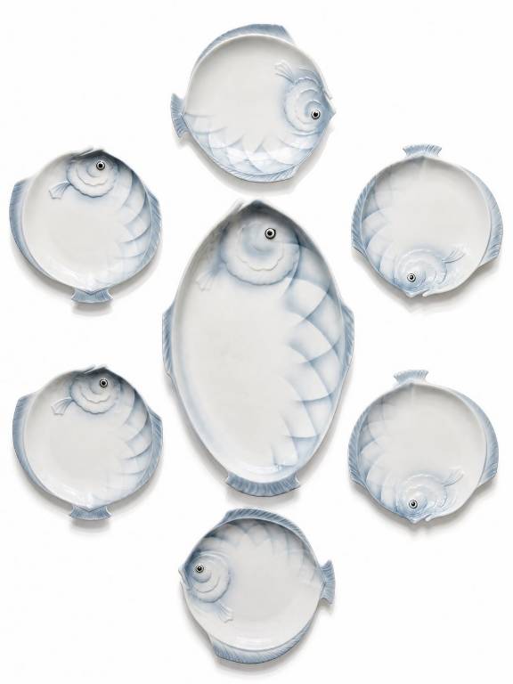 Service à poisson vintage en faïence Tchécoslovaque, 6 assiettes et un plat | Puces Privées