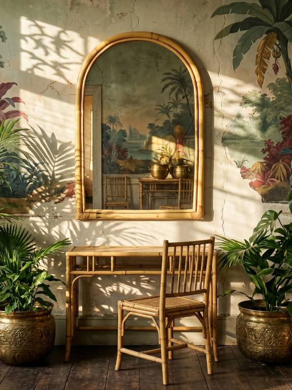 Grand miroir mural arche en bambou Italien, style Riviera, années 50-60 | Puces Privées