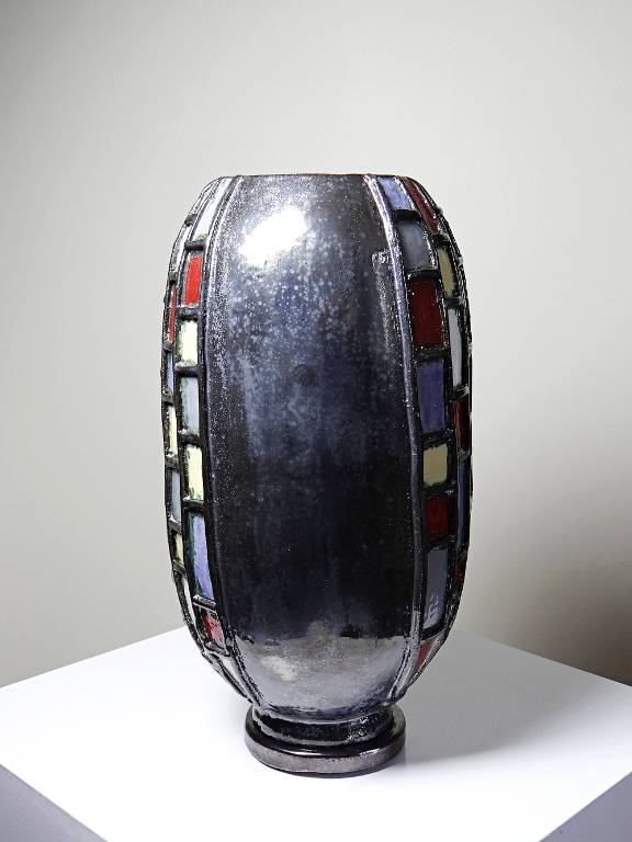 Grand vase moderniste en céramique d'art émaillée noire vintage années 50-70 | Puces Privées