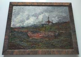 RODRIGUE (XXème), La barque bleu, Huile sur toile signée | Puces Privées