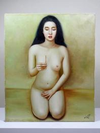 tableau ancien peinture à huile reproduction  la fille et l'oiseau 31 cm x 37 cm | Puces Privées