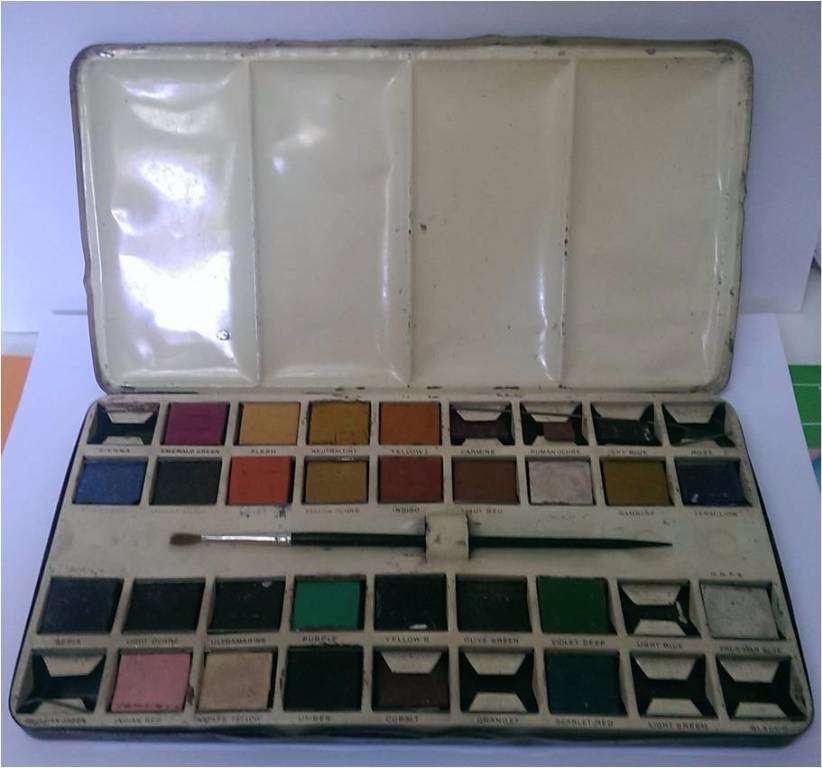 Ancienne boîte à couleurs pour enfants des années 40-50 avec signature à identifier, Autres, Jeux anciens | Puces Privées