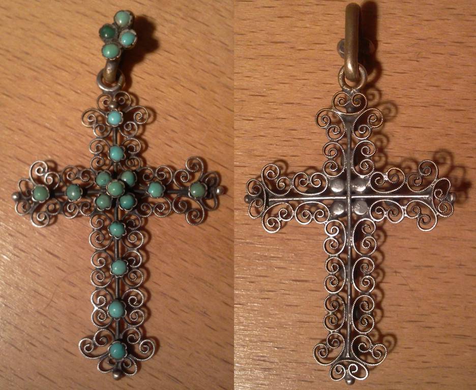 Ancienne croix bijoux crucifix pendentif fil argent tressé et turqoise XIX ème, Argent, Bijoux | Puces Privées