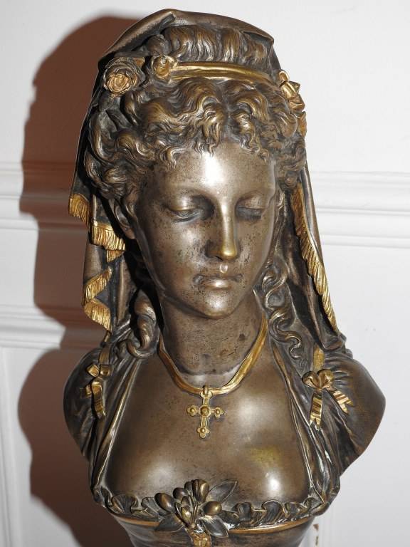 buste en Bronze doré et argenté signé Eugéne- Antoine AIZELIN (1821-1902). | Puces Privées